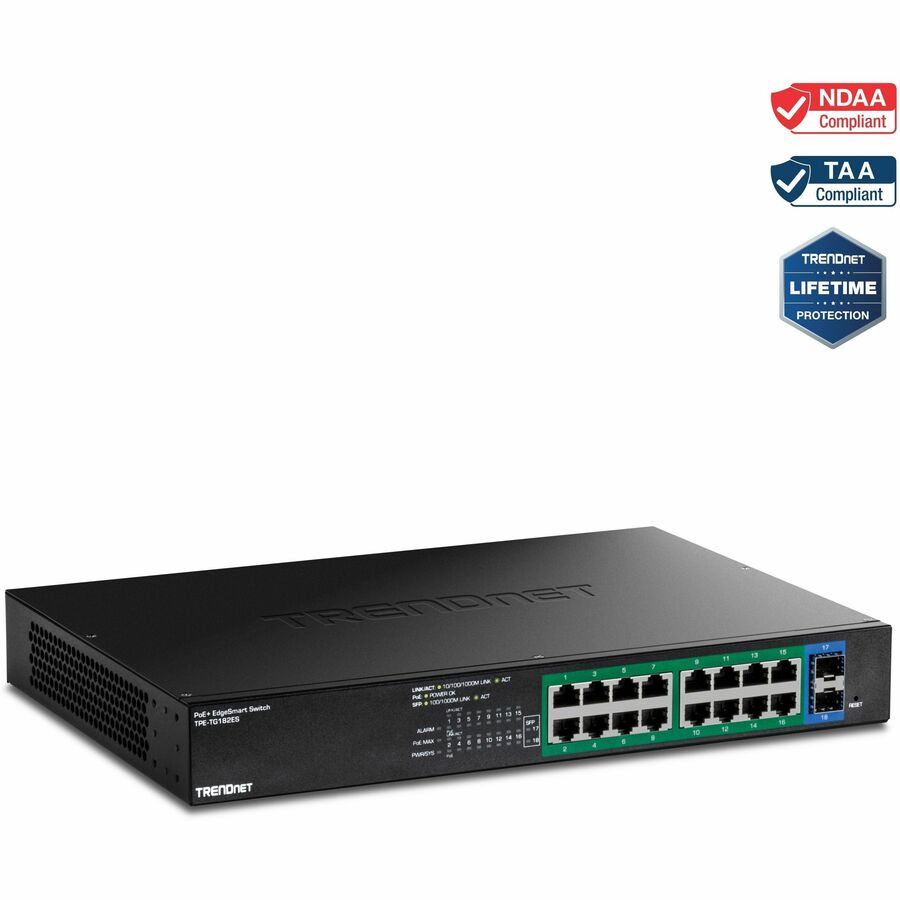 TRENDnet 18-Port Gigabit EdgeSmart PoE+ Switch, TPE TG182ES, 240W PoE Power Budget, 16 x Gigabit PoE+ Ports, 2 x Gigabit SFP Ports, Managed Network Ethernet Switch, Lifetime Protection, Black TPE-TG182ES