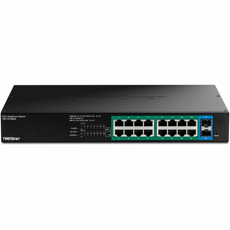 TRENDnet 18-Port Gigabit EdgeSmart PoE+ Switch, TPE TG182ES, 240W PoE Power Budget, 16 x Gigabit PoE+ Ports, 2 x Gigabit SFP Ports, Managed Network Ethernet Switch, Lifetime Protection, Black TPE-TG182ES