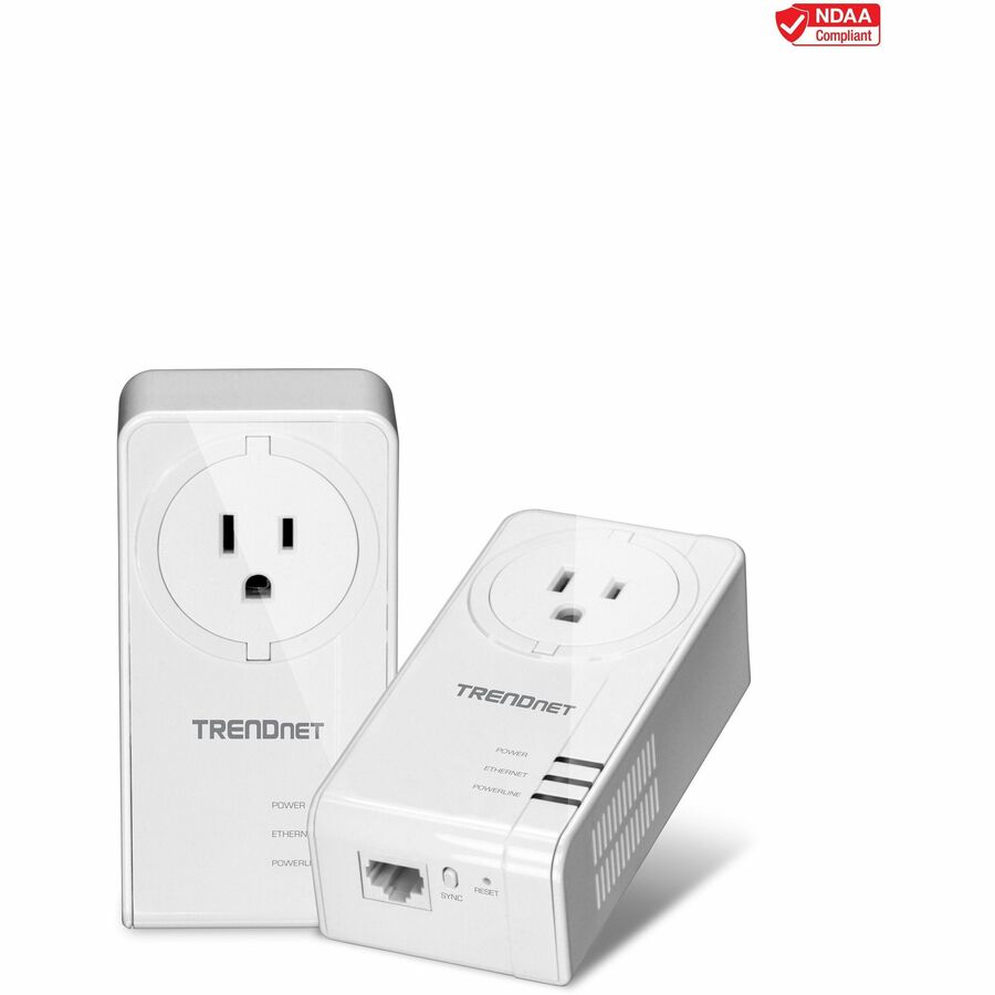 TRENDnet Powerline 1300 AV2 Adapter With Built-in Outlet Adapter Kit, Includes 2 x TPL-423E Adapters, IEEE 1905.1 & IEEE 1901, Gigabit Port, Range Up To 300m (984 ft), White, TPL-423E2K TPL-423E2K