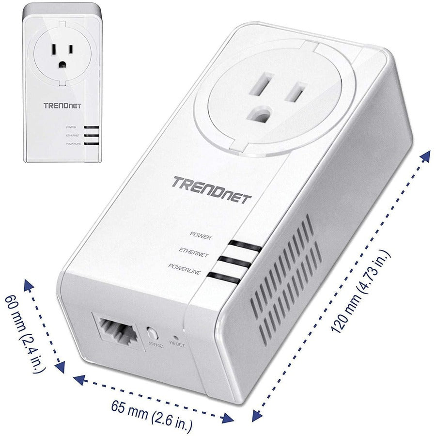 TRENDnet Powerline 1300 AV2 Adapter With Built-in Outlet Adapter Kit, Includes 2 x TPL-423E Adapters, IEEE 1905.1 & IEEE 1901, Gigabit Port, Range Up To 300m (984 ft), White, TPL-423E2K TPL-423E2K