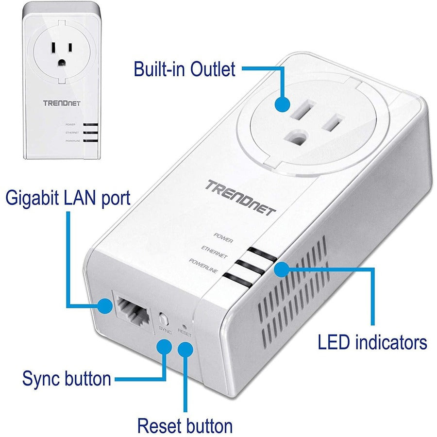 TRENDnet Powerline 1300 AV2 Adapter With Built-in Outlet Adapter Kit, Includes 2 x TPL-423E Adapters, IEEE 1905.1 & IEEE 1901, Gigabit Port, Range Up To 300m (984 ft), White, TPL-423E2K TPL-423E2K