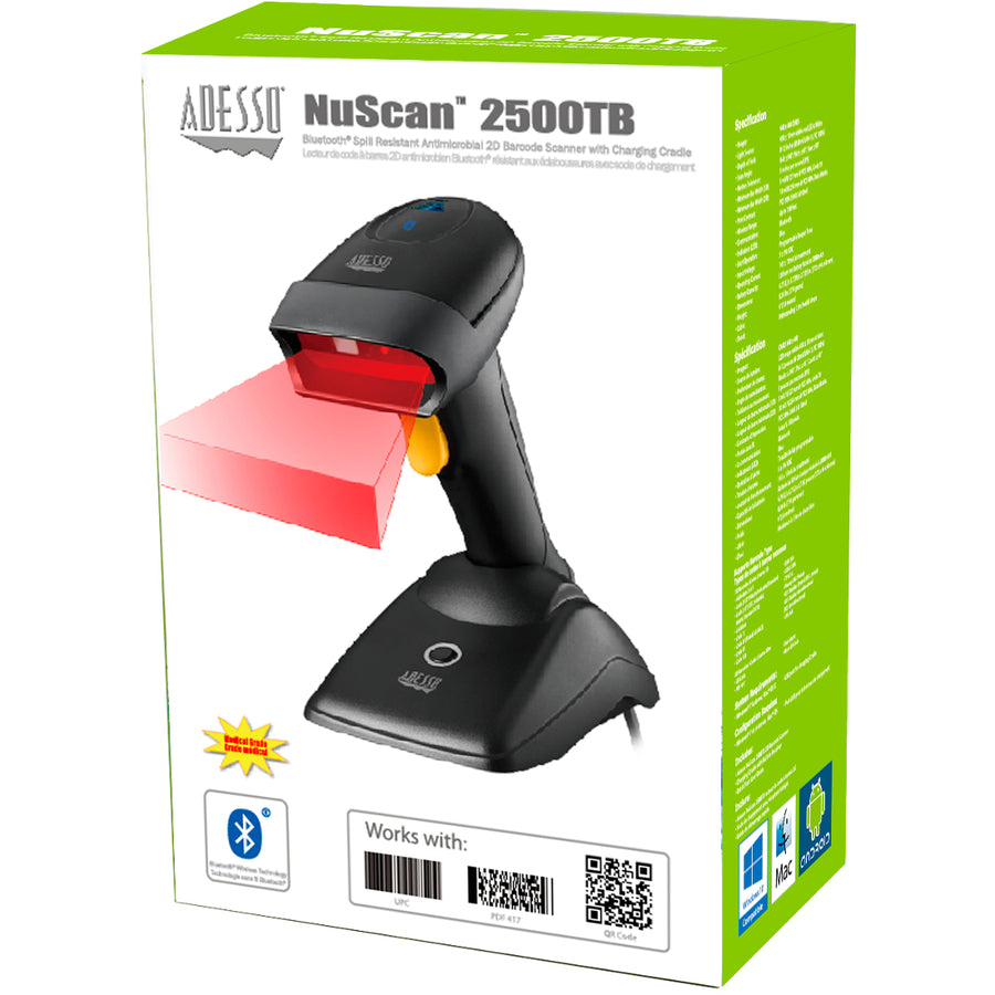 Adesso NUSCAN 2500TB Bluetooth Spill Resistant Antimicrobial 2D Barcode Scanner NUSCAN 2500TB