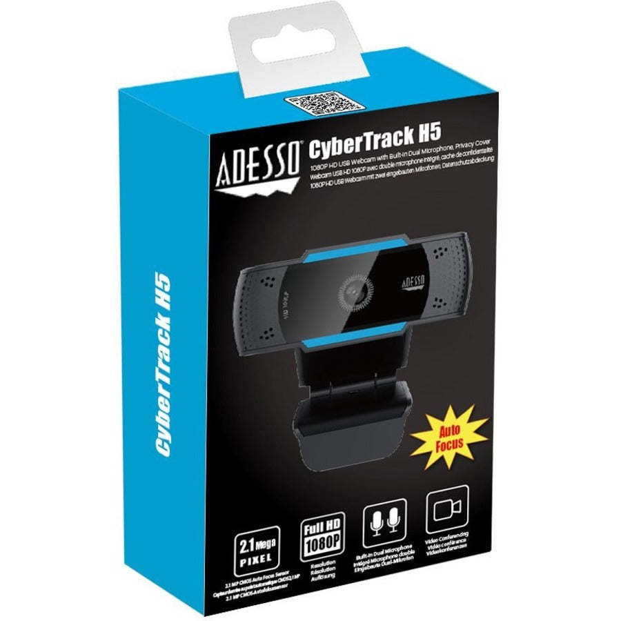 Adesso CyberTrack H5 1080P Webcam - 2.1 Megapixel - 30 fps - USB 2.0 - Auto Focus - Built-In MIC - Tripod Mount - Privacy Shutter Cover CYBERTRACKH5