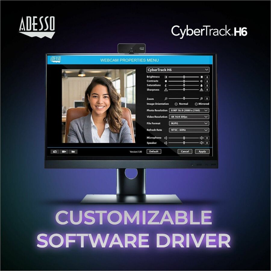 Adesso CyberTrack H6 4K Ultra HD Webcam - 8 Megapixel - 30 fps - USB 2.0 - Fixed Focus - Tripod mount - Privacy shutter CYBERTRACK H6