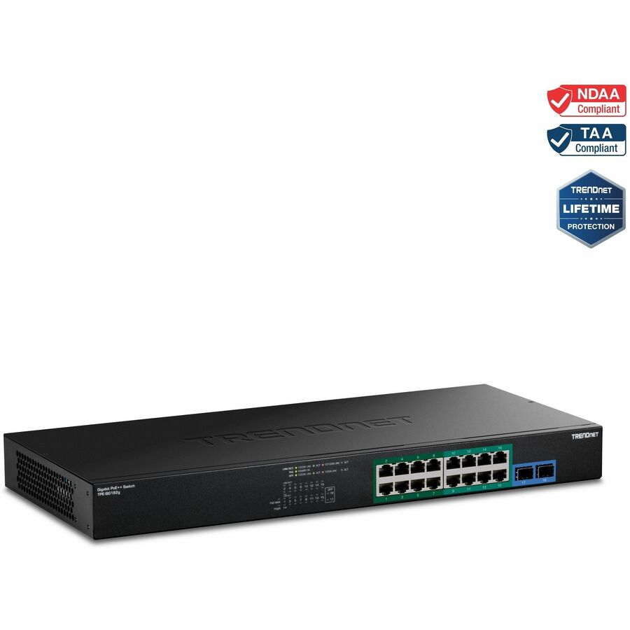 TRENDnet TPE-BG182g, 18-Port Gigabit 4PPoE Switch with 8 x 95W Gigabit 4PPoE ports, 8 x 30W Gigabit PoE+ Ports, 2 Gigabit SFP Slots,470W PoE Budget, 1U 19" Rack Mountable TPE-BG182G