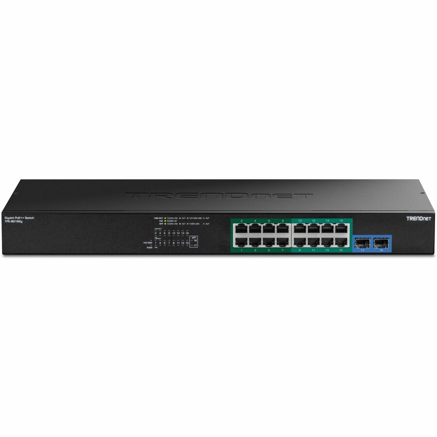 TRENDnet TPE-BG182g, 18-Port Gigabit 4PPoE Switch with 8 x 95W Gigabit 4PPoE ports, 8 x 30W Gigabit PoE+ Ports, 2 Gigabit SFP Slots,470W PoE Budget, 1U 19" Rack Mountable TPE-BG182G