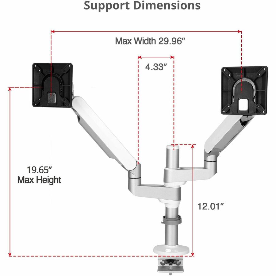 SIIG MTPRO Desk Mount Dual Monitor Arm - up to 32" Display, Max. Load 19.8 lbs, VESA 75/100mm, Mechanical Spring Design CE-MT3W11-S1