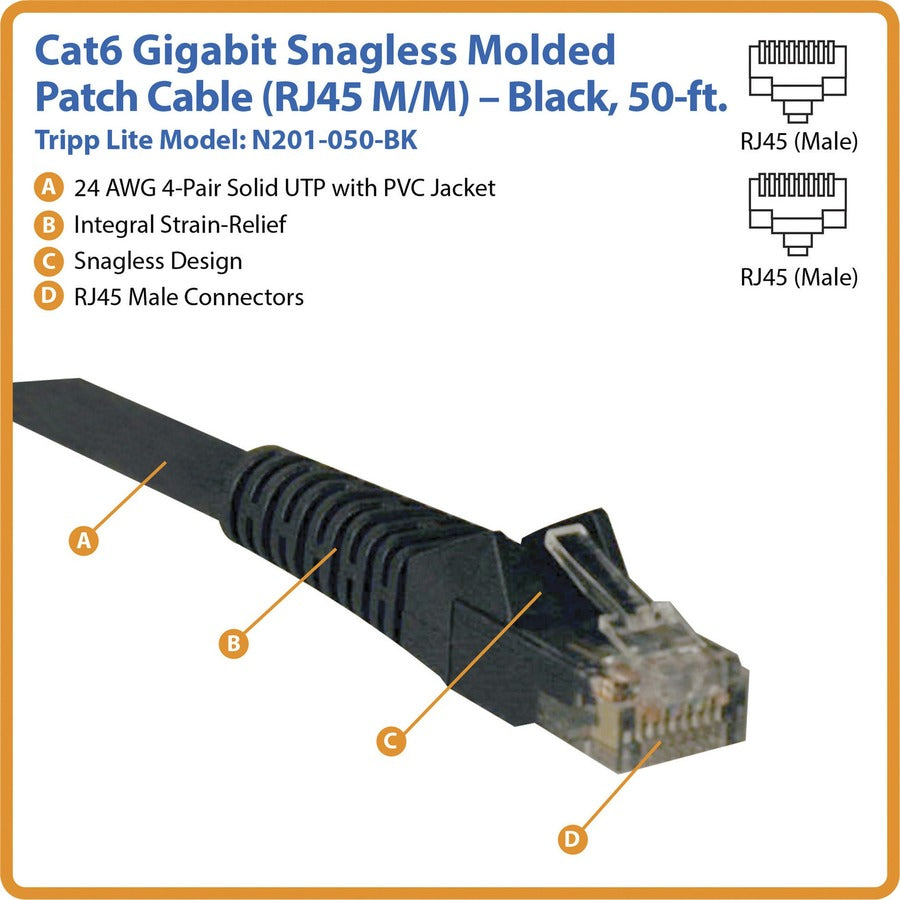 Eaton Tripp Lite Series Cat6 Gigabit Snagless Molded (UTP) Ethernet Cable (RJ45 M/M), PoE, Black, 50 ft. (15.24 m) N201-050-BK