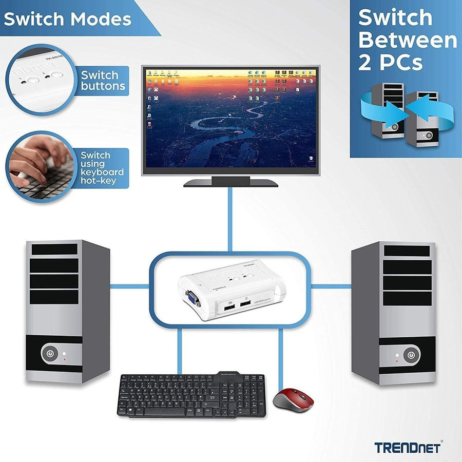 TRENDnet 2-Port USB KVM Switch And Cable Kit, 2048 x 1536 Resolution, Device Monitoring, Auto-Scan, Audible Feedback, USB 1.1, Compliant With Windows And Linux, Hot-Pluggable, White, TK-207K TK-207K
