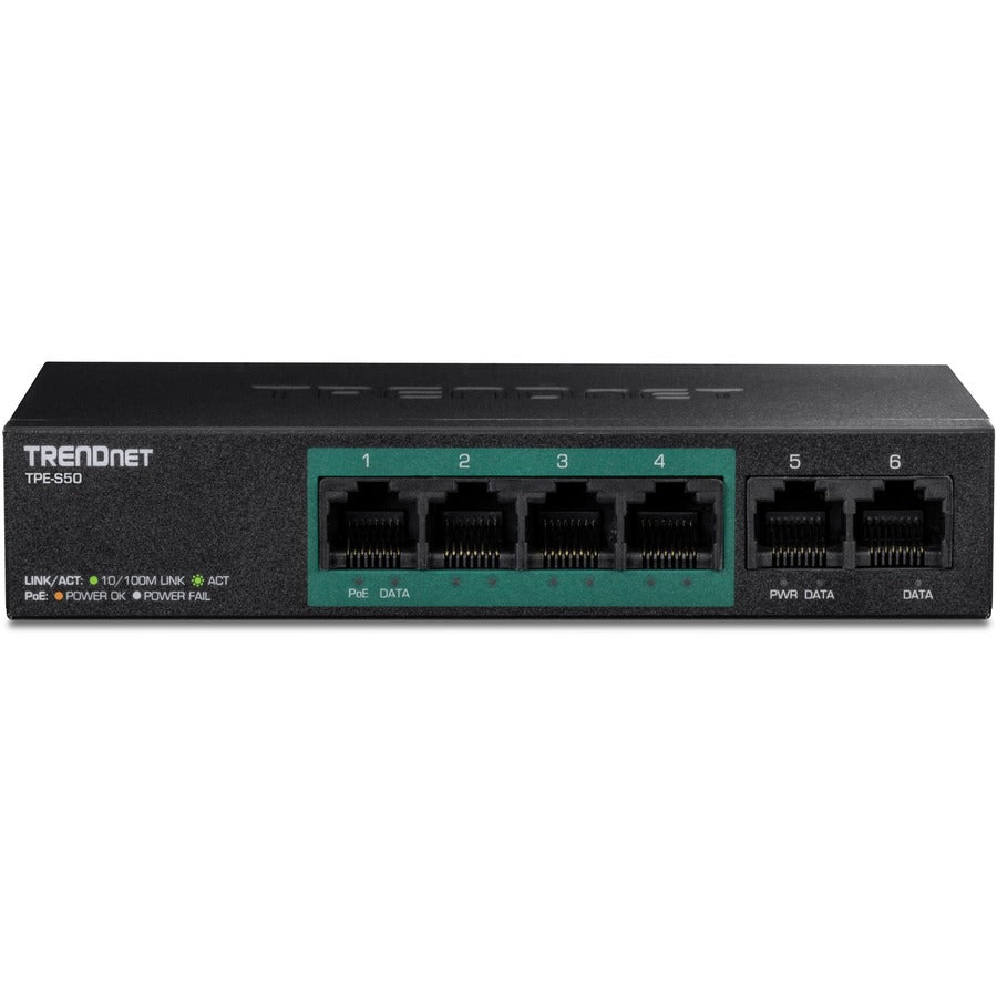 TRENDnet 6-Port Fast Ethernet PoE+ Switch, 4 x Fast Ethernet PoE Ports, 2 x Fast Ethernet Ports, 60W PoE Budget, 1.2 Gbps Switch Capacity, Metal, Limited Lifetime Protection, Black, TPE-S50 TPE-S50