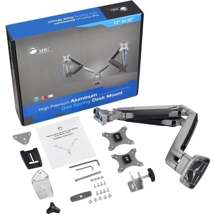 SIIG High Premium Aluminum Gas Spring Desk Mount - Dual Monitor - Fits 13" to 32" monitors - Max load 19.8Ibs(each) CE-MT2E12-S1