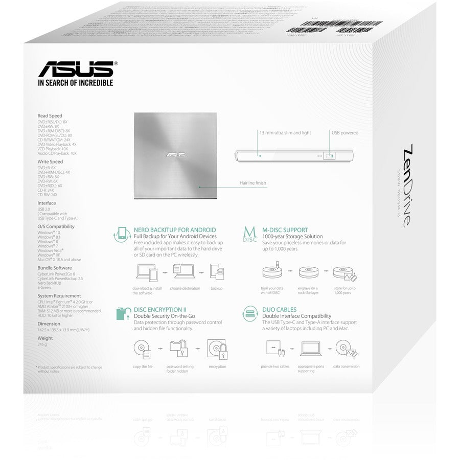 Asus ZenDrive SDRW-08U9M-U DVD-Writer - External - Silver SDRW-08U9M-U/SIL/G/AS/P2G
