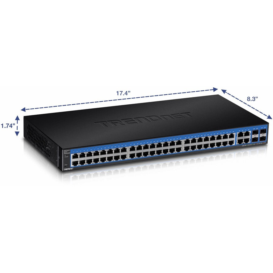 TRENDnet 52-Port Gigabit Web Smart Switch, 48 Gigabit RJ-45 Ports, 4 Shared Gigabit Ports (RJ-45 or SFP), 104 Gbps Switching Capacity, VLAN, QoS, LACP, IPv6, Lifetime Protection, Black, TEG-524WS TEG-524WS