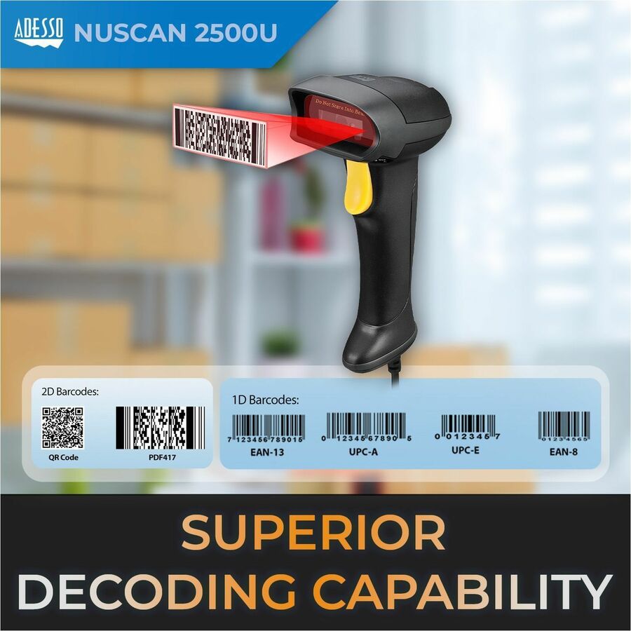 Adesso NuScan 2500TU Spill Resistant Antimicrobial 2D Barcode Scanner NUSCAN 2500TU