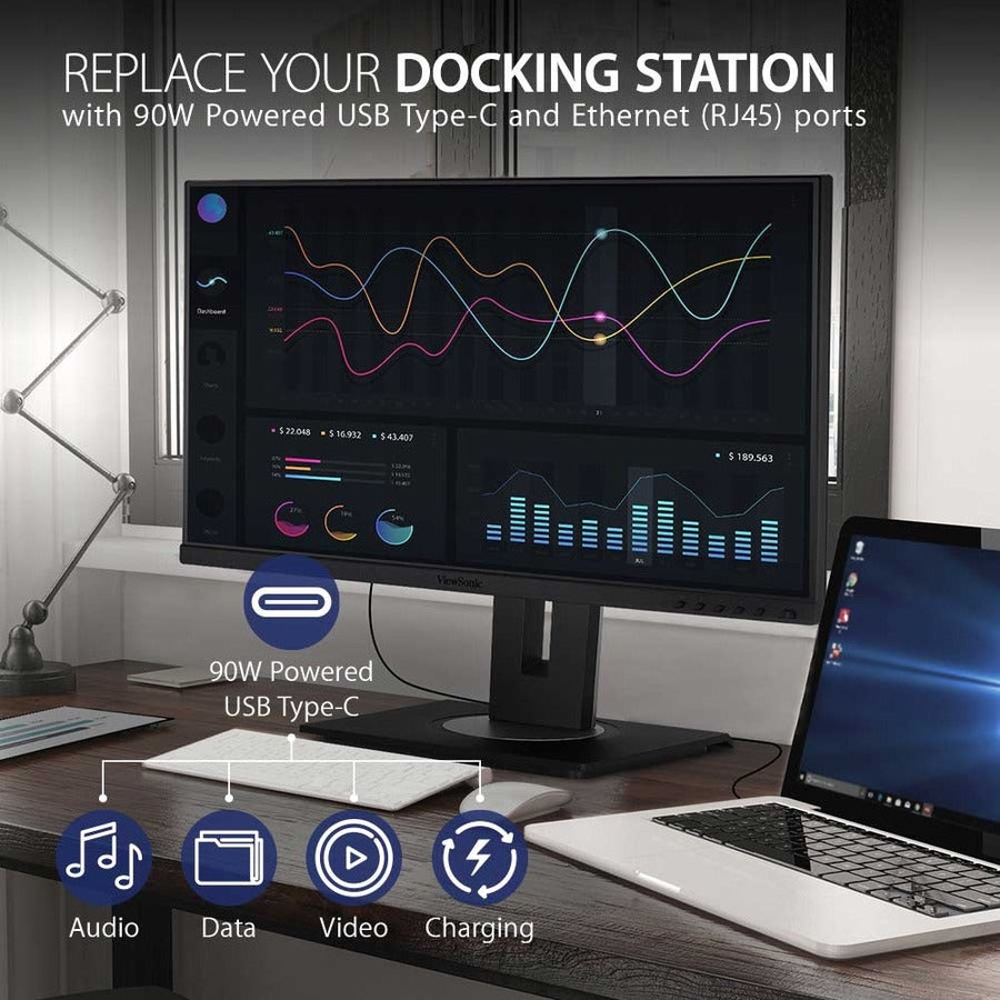 ViewSonic VG2456A 24 Inch 1080p IPS Monitor with 90W USB C, Docking Built-In, RJ45, 40 Degree Tilt Ergonomics for Home and Office VG2456a