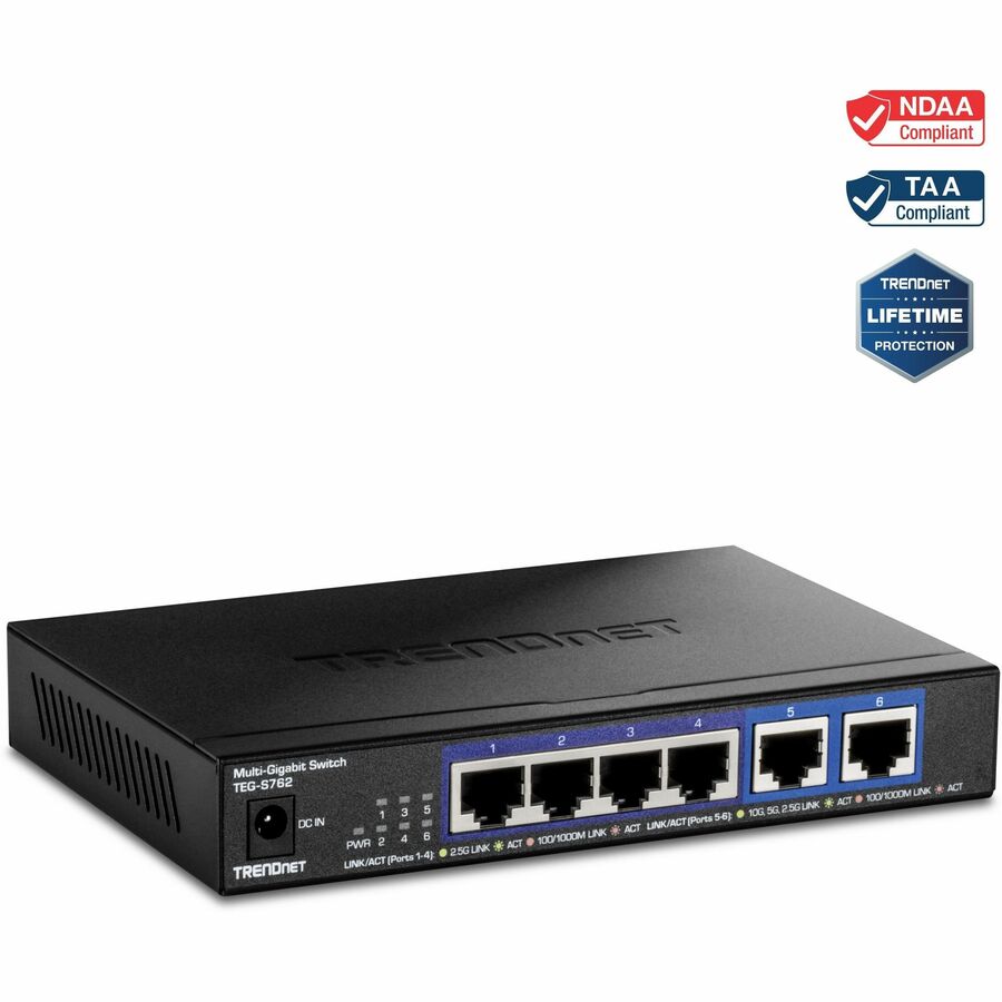 TRENDnet 6-Port 10G Switch, 4 x 2.5G RJ-45 Base-T Ports, 2 x 10G RJ-45 Ports, 60Gbps Switching Capacity, Wall Mountable, 10 Gigabit Network Connections, Lifetime Protection, Black, TEG-S762 TEG-S762