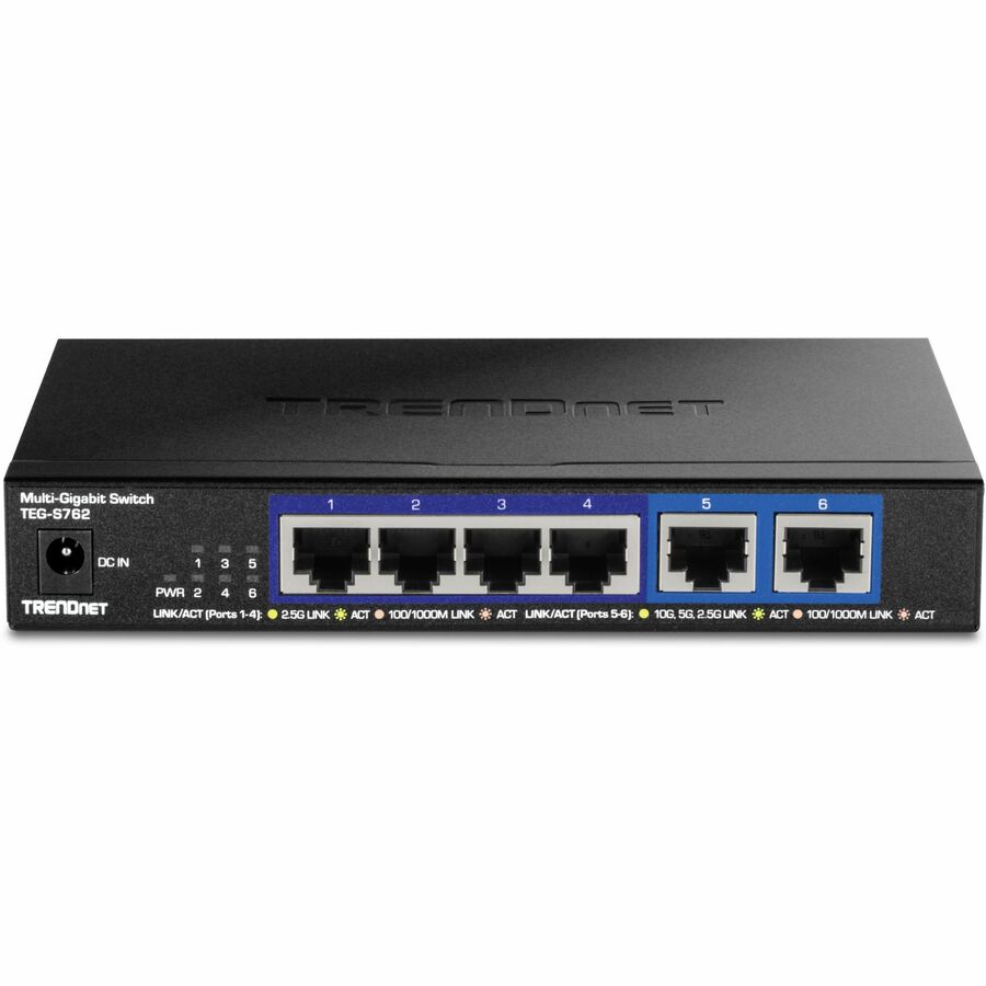 TRENDnet 6-Port 10G Switch, 4 x 2.5G RJ-45 Base-T Ports, 2 x 10G RJ-45 Ports, 60Gbps Switching Capacity, Wall Mountable, 10 Gigabit Network Connections, Lifetime Protection, Black, TEG-S762 TEG-S762