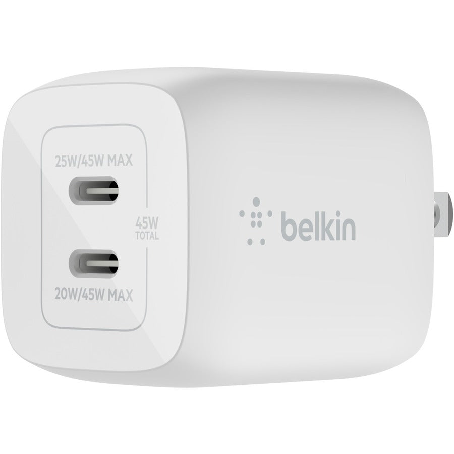 Belkin BoostCharge Pro Dual USB-C GaN Wall Charger with PPS 45W Laptop Chromebook Charging - Power Adapter WCH011DQWH