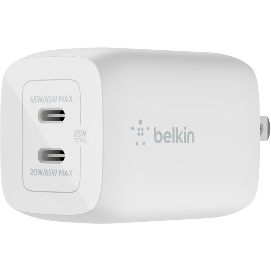 Belkin BoostCharge Pro Dual USB-C GaN Wall Charger with PPS 65W Laptop Chromebook Charging - Power Adapter WCH013DQWH