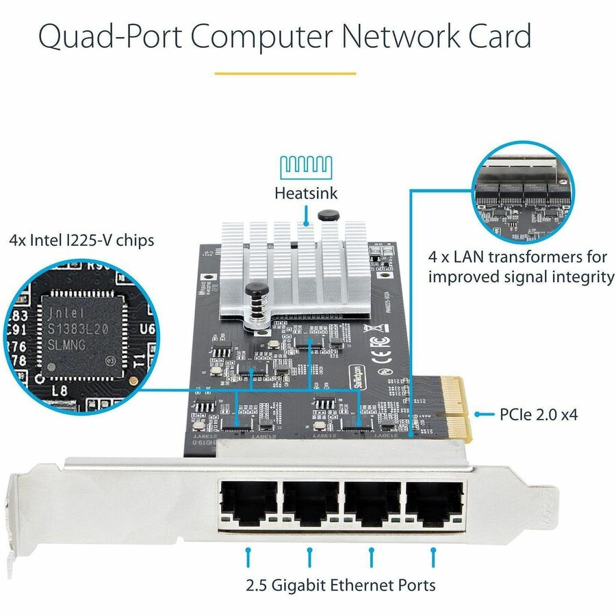 StarTech.com 4-Port 2.5G NBASE-T PCIe Network Card, Computer Network Card Interface, Intel® I225-V, Quad-Port Ethernet, Multi-Gigabit NIC PR42GI-NETWORK-CARD