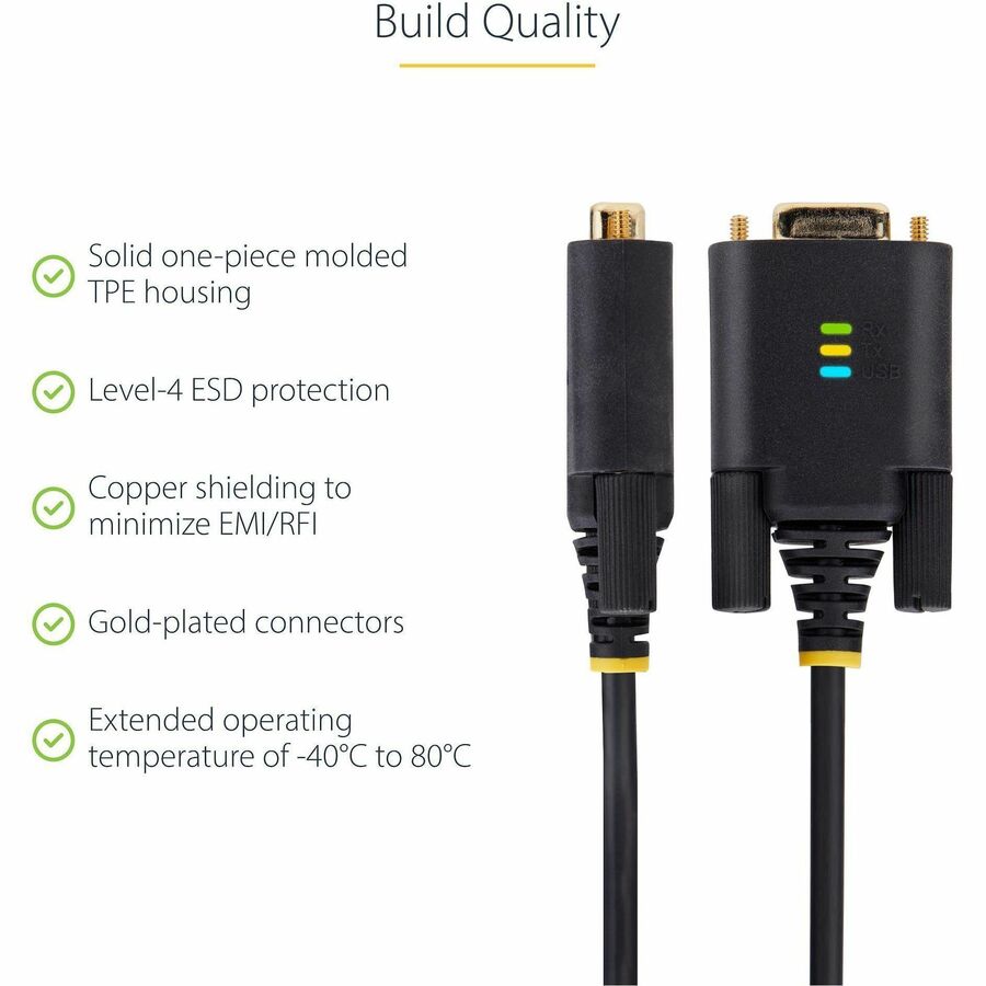 StarTech.com 10ft (3m) USB to Serial Adapter Cable, COM Retention, FTDI, DB9 RS232, Interchangeable DB9 Screws/Nuts, Windows/macOS/Linux 1P10FFC-USB-SERIAL