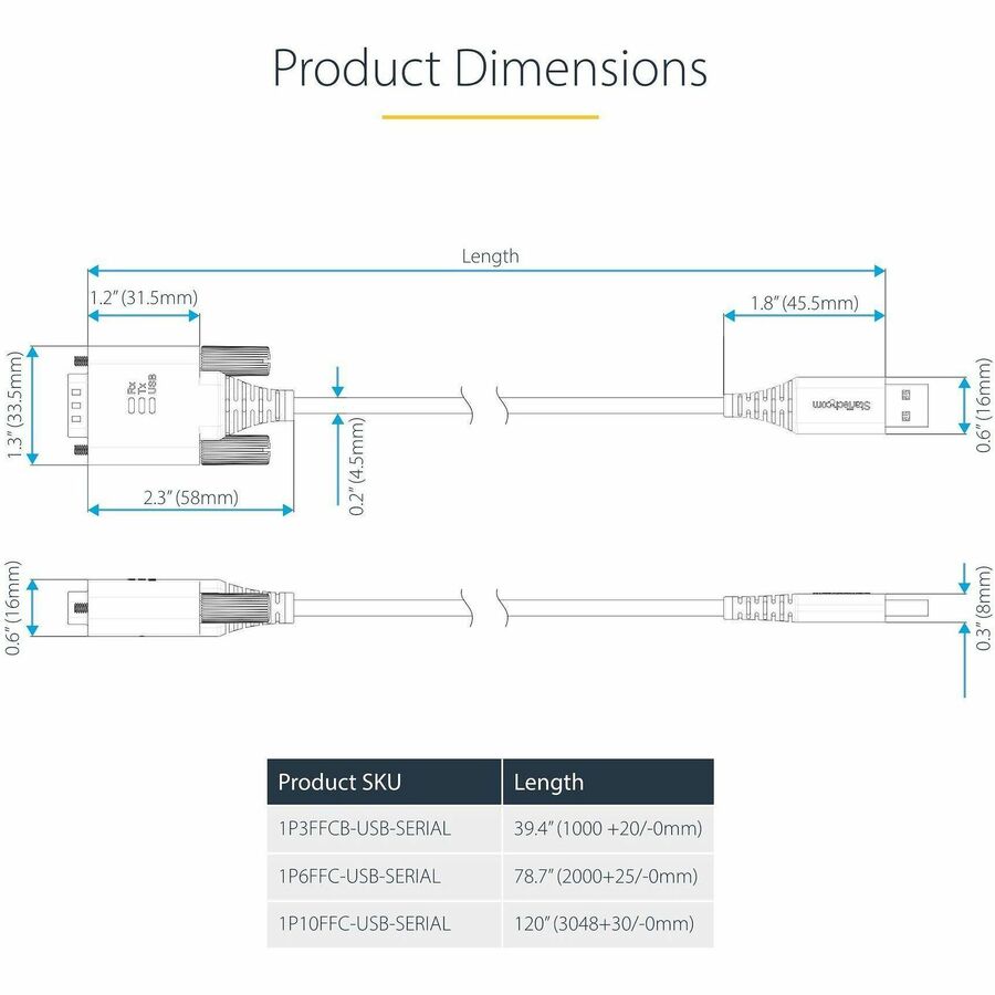 StarTech.com 10ft (3m) USB to Serial Adapter Cable, COM Retention, FTDI, DB9 RS232, Interchangeable DB9 Screws/Nuts, Windows/macOS/Linux 1P10FFC-USB-SERIAL