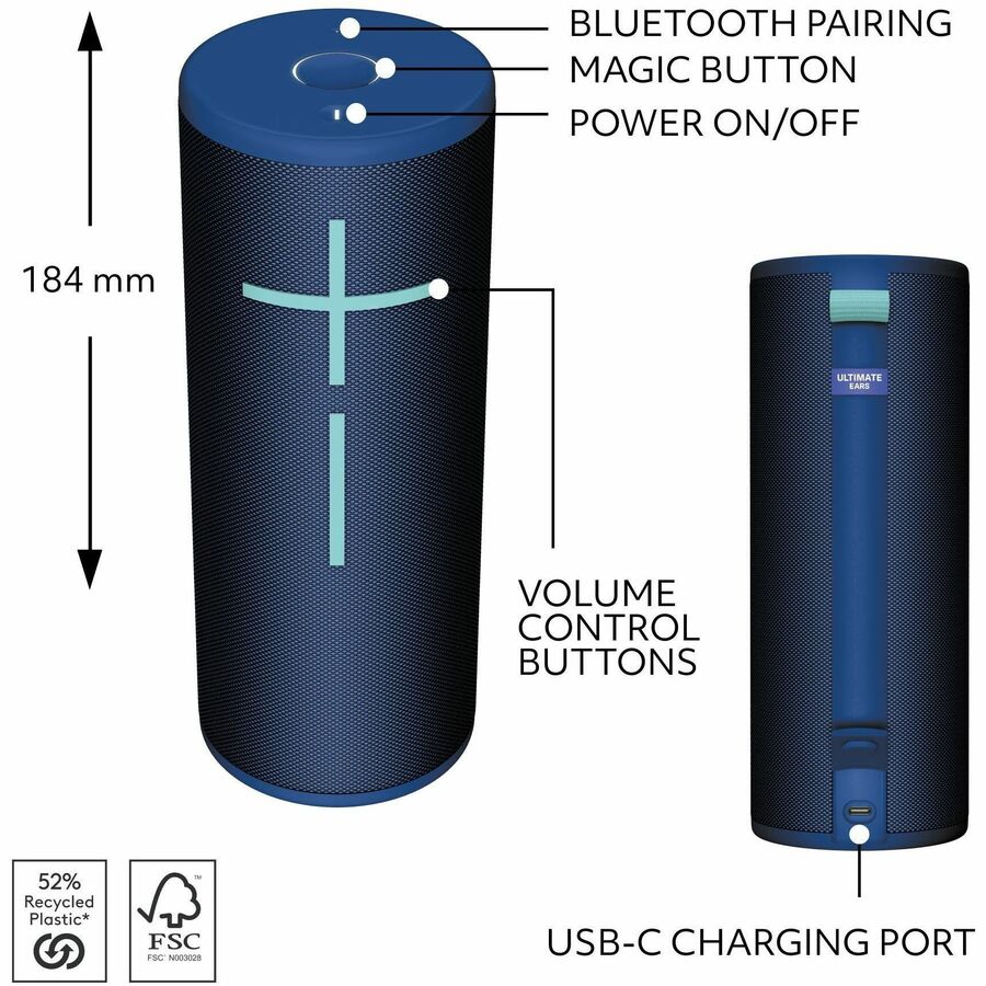 Ultimate Ears BOOM 4 Portable Waterproof Bluetooth Speaker With 360-Degree, Bold, Immersive, Crystal-Clear Sound, Floating Speaker With 15-Hour Battery and 147ft (45m) Range, Blue 984-001967