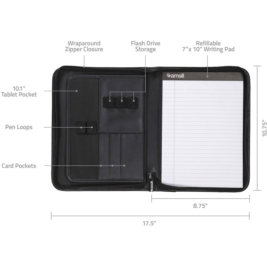 Samsill Junior Professional Padfolio with Secure Zippered Closure, 10.1 Inch Tablet Sleeve, and 7 by 10 Inch Notepad, Black, Junior (70821) 70821