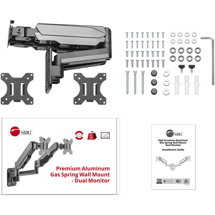 SIIG High Premium Aluminum Gas Spring Wall Mount - Dual Monitor 17" to 32" CE-MT2M12-S1
