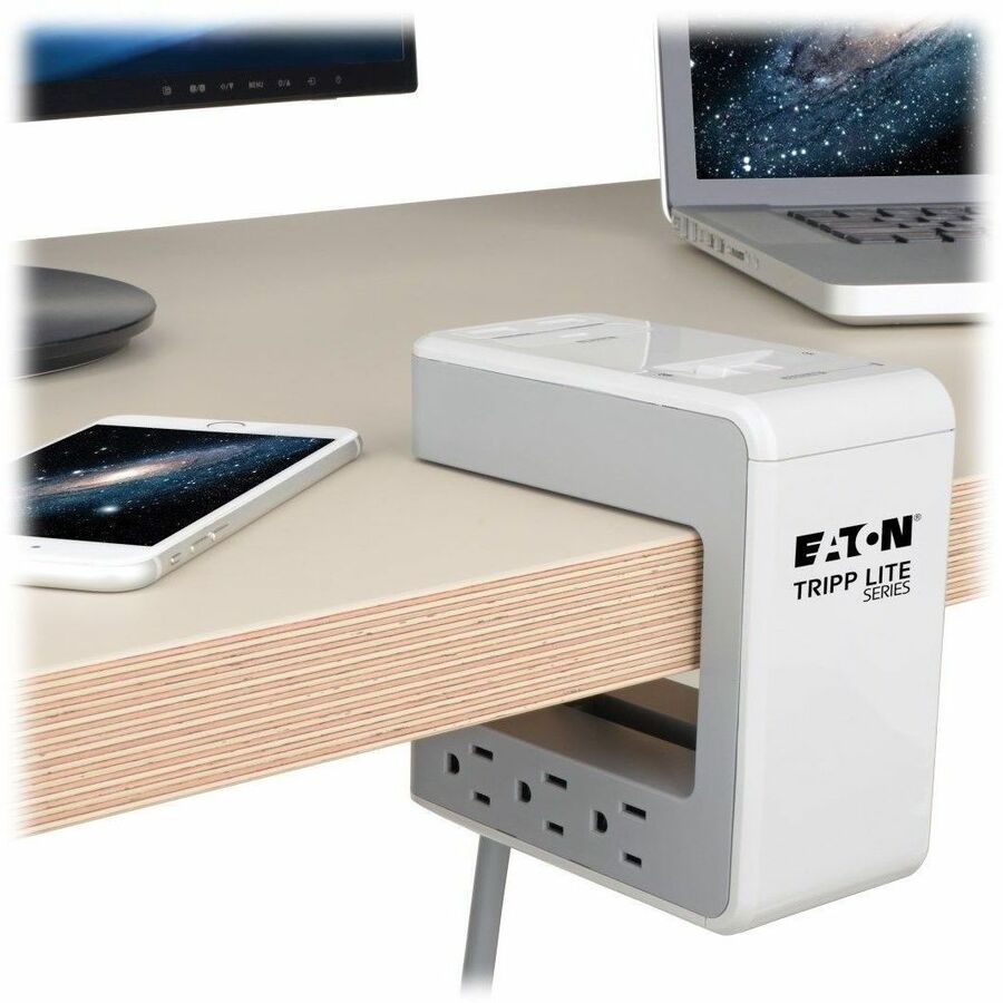 Eaton Tripp Lite Series 6-Outlet Surge Protector w/2 USB-A (4.8A Shared) & 1 USB-C (3A) - 8 ft. (2.43 m) Cord, 1080 Joules, Desk Clamp TLP648USBC