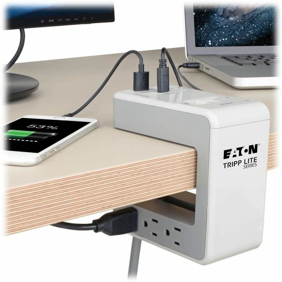 Eaton Tripp Lite Series 6-Outlet Surge Protector w/2 USB-A (4.8A Shared) & 1 USB-C (3A) - 8 ft. (2.43 m) Cord, 1080 Joules, Desk Clamp TLP648USBC