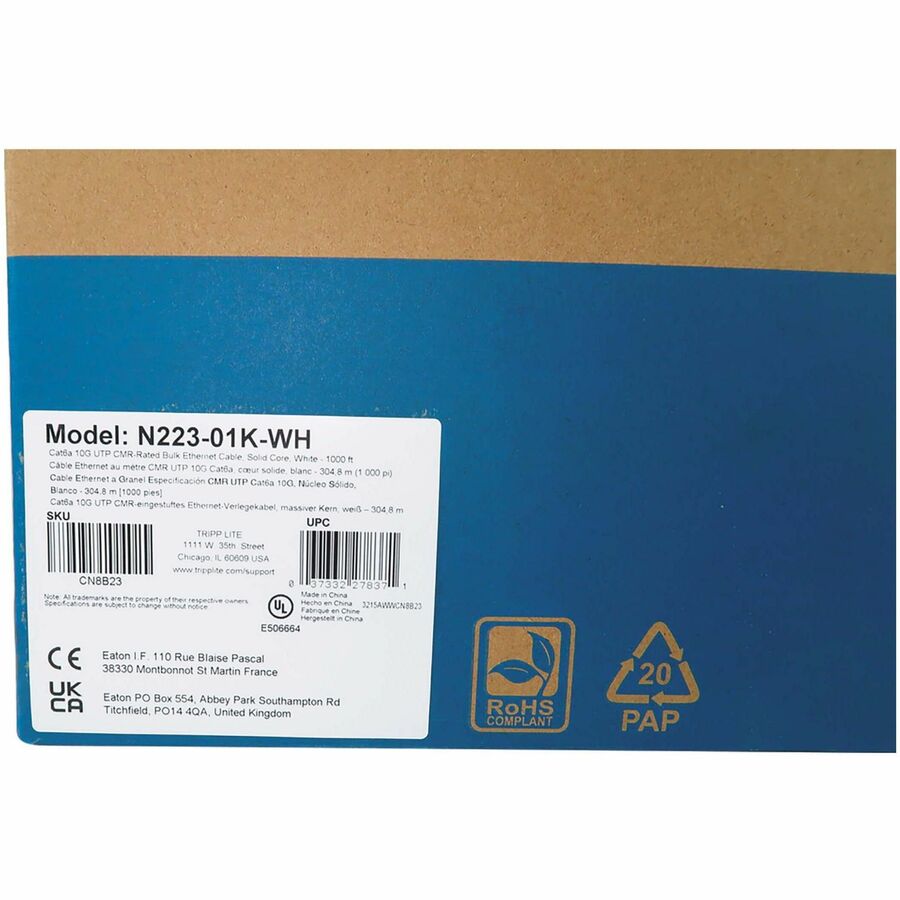 Eaton Tripp Lite Series Cat6a 10G Solid Core UTP Bulk Ethernet Cable, CMR Rated, White, 1000 ft. (305 m) N223-01K-WH