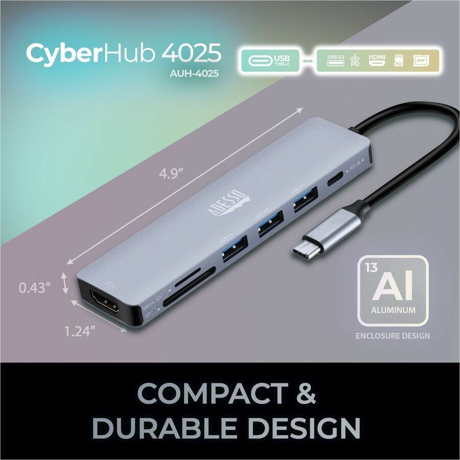 Adesso AUH-4025 7 in 1 Docking Station, Supports USB C to x1 4K HDMI, 3x USB-A 3.2, 1x PD, 1x Micro SD, 1x SD Card AUH-4025