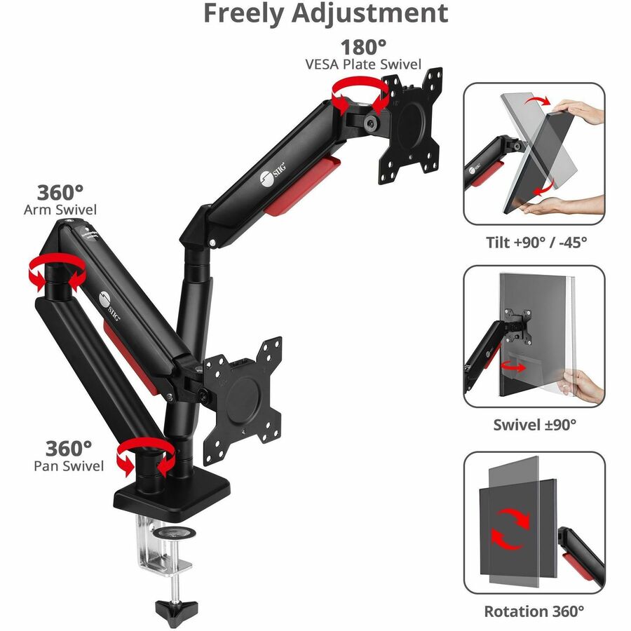 SIIG Dual Monitor Gas Spring Arm Desk Mount - 13" to 32" - Max Load 22 lbs - VESA 75/100mm CE-MT3Y11-S1