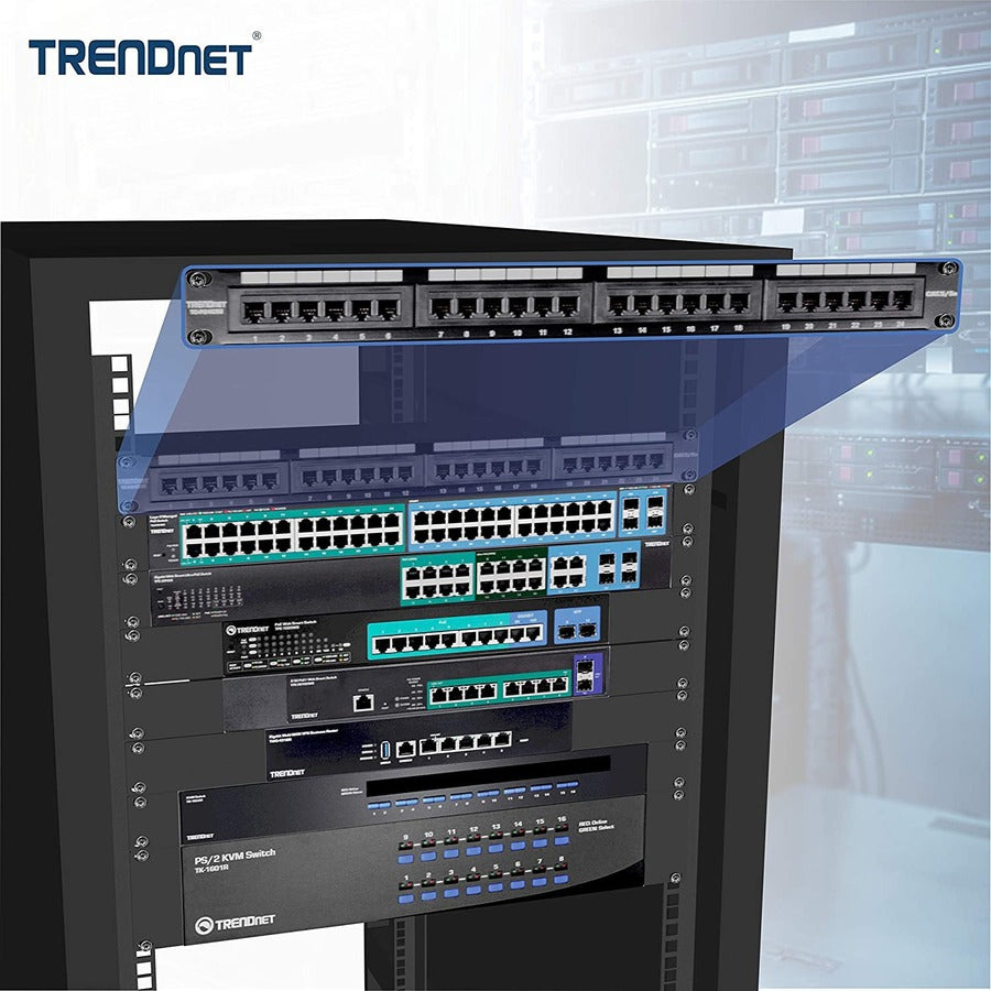 TRENDnet 24-Port Cat5-5e RJ-45 UTP Unshielded Patch Panel, Wallmount or Rackmount, 100Mhz, Color-Coded Labeling, Cat5,Cat5e,Cat4,Cat3 Compatible, 1U Rackmount, Black, TC-P24C5E TC-P24C5E