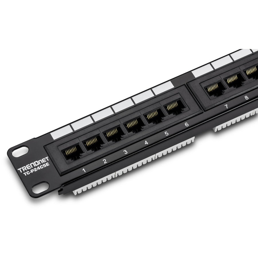 TRENDnet 24-Port Cat5-5e RJ-45 UTP Unshielded Patch Panel, Wallmount or Rackmount, 100Mhz, Color-Coded Labeling, Cat5,Cat5e,Cat4,Cat3 Compatible, 1U Rackmount, Black, TC-P24C5E TC-P24C5E