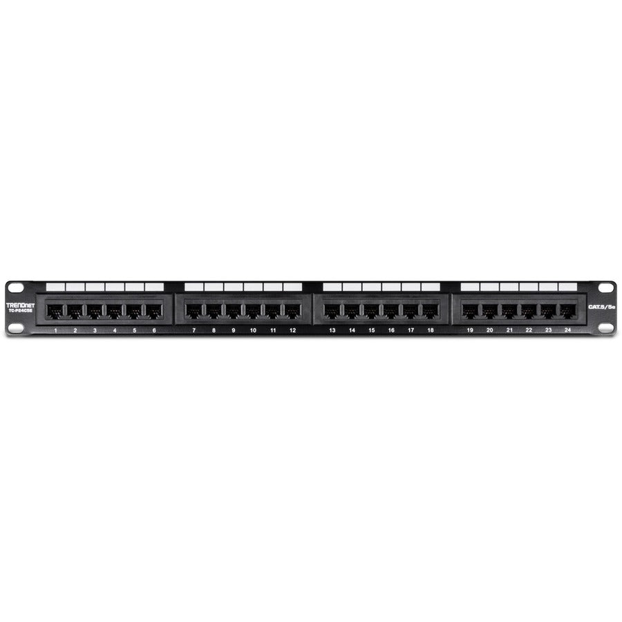 TRENDnet 24-Port Cat5-5e RJ-45 UTP Unshielded Patch Panel, Wallmount or Rackmount, 100Mhz, Color-Coded Labeling, Cat5,Cat5e,Cat4,Cat3 Compatible, 1U Rackmount, Black, TC-P24C5E TC-P24C5E