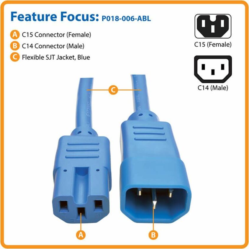 Eaton Tripp Lite Series Power Cord C14 to C15 - Heavy-Duty, 15A, 250V, 14 AWG, 6 ft. (1.83 m), Blue P018-006-ABL