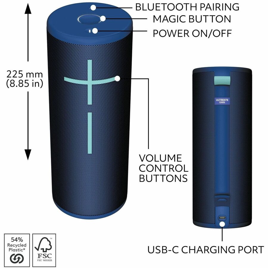Ultimate Ears MEGABOOM 4 Portable Waterproof Bluetooth Speaker With Powerful 360-Degree Sound and Thundering Bass, Floating Speaker With 20-Hour Battery and 147ft (45m) Range, Blue 984-001989