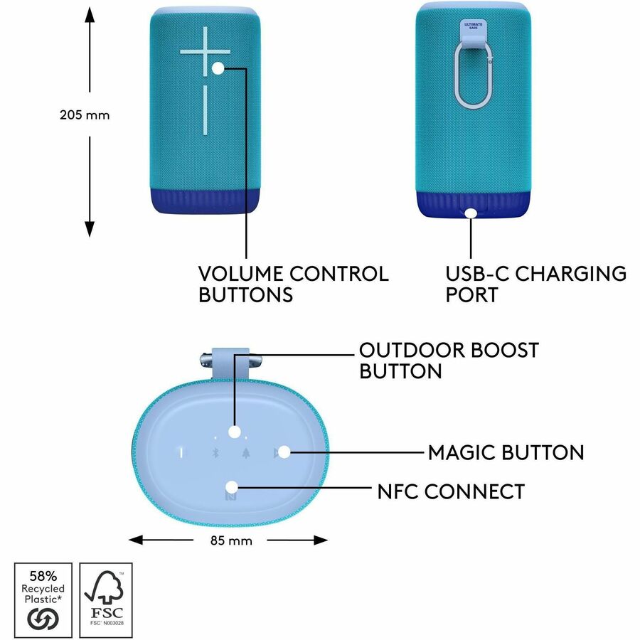 ULTIMATE EARS EVERBOOM Wireless Bluetooth Portable Speaker, Big Bass and Immersive 360-Degree Sound, Floatable Waterproof Speaker IP67, up to 20-Hour Battery and 180 ft (55 m) Range, Blue 984-001923