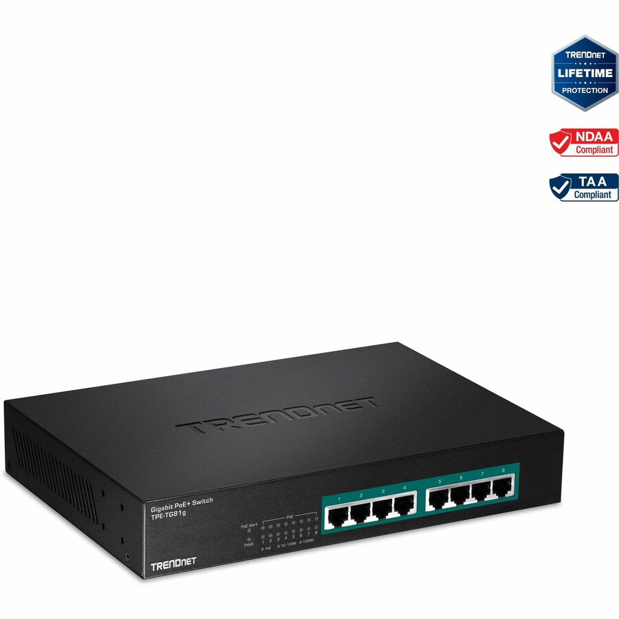 TRENDnet 8-Port Gigabit GREENnet PoE+ Switch, TPE-TG81g, 8 x Gigabit PoE+ Ports, Rack Mountable, Up to 30 W Per Port with 110 W Total Power Budget, Ethernet Network Switch, Metal, Lifetime Protection TPE-TG81g