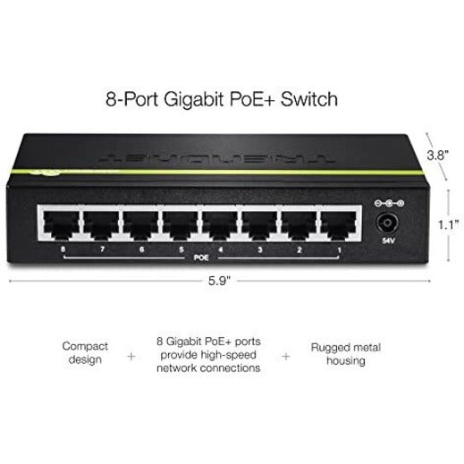 TRENDnet 8-Port Gigabit PoE+ Switch, 8 x Gigabit PoE+ Ports, 123W PoE Power Budget, 16 Gbps Switching Capacity, Desktop Switch, Ethernet Network Switch, Metal, Lifetime Protection, Black, TPE-TG80G TPE-TG80G
