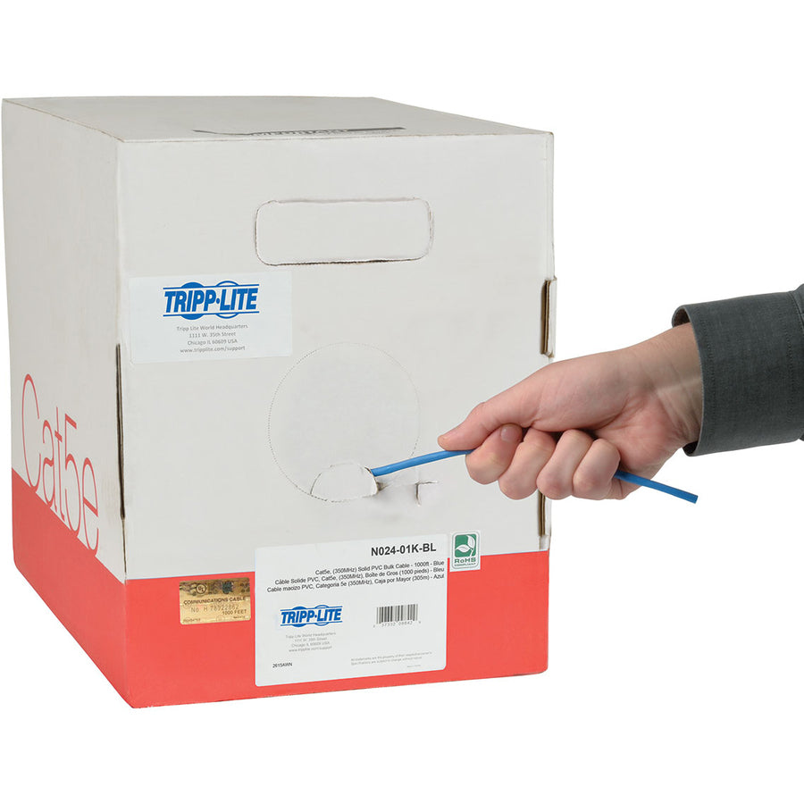 Eaton Tripp Lite Series Cat5e 350 MHz Solid Core Plenum-Rated (UTP) PVC Bulk Ethernet Cable - Blue, 1000 ft. (304.8 m) N024-01K-BL