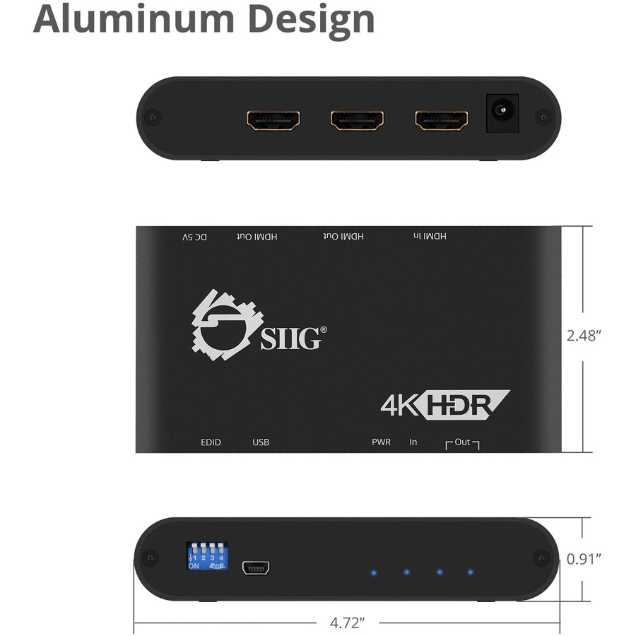 SIIG 1x2 HDMI 2.0 Splitter / Distribution Amplifier with Auto Video Scaling - 4K 60Hz HDR CE-H22X11-S1