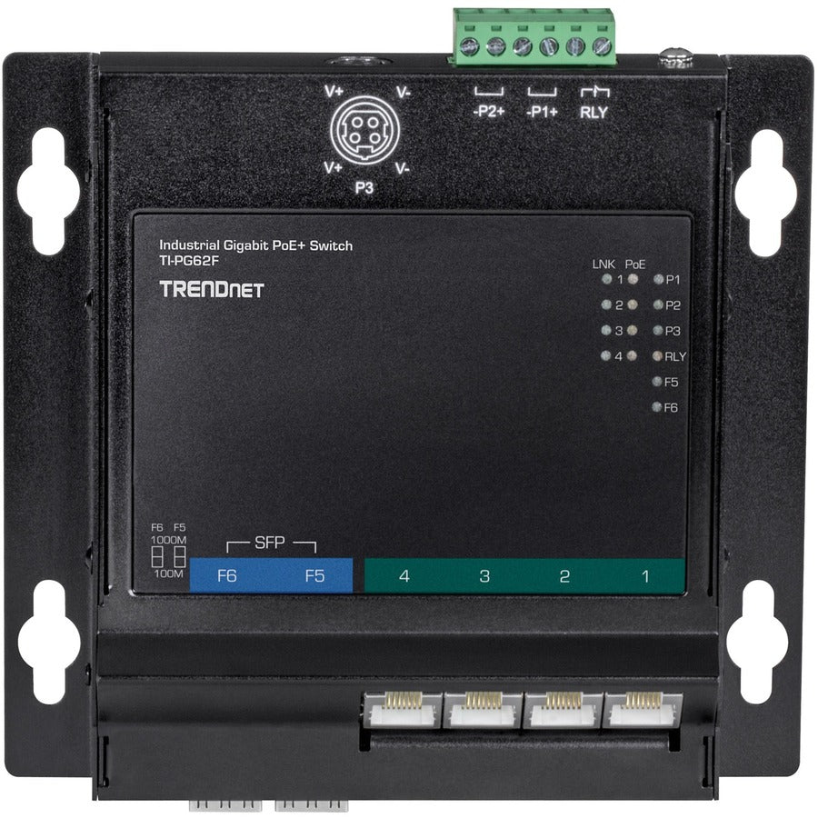 TRENDnet 6-Port Industrial Gigabit PoE+ Wall-Mounted Front Access Switch, TI-PG62F, 4 x Gigabit PoE+ Ports, 2 x Gigabit SFP Slots, DIN-Rail, Wall Mount Brackets Included, IP30, 120W PoE Budget TI-PG62F