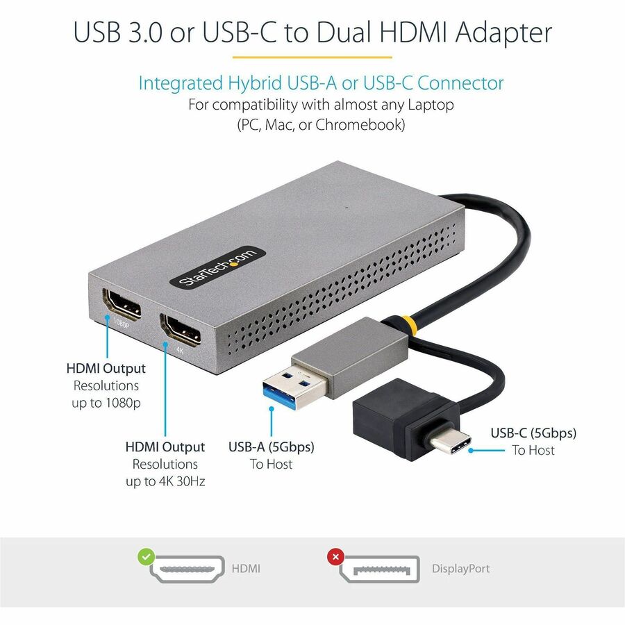 StarTech.com USB to Dual HDMI Adapter, USB A/C to 2x HDMI Displays (1x 4K30, 1x 1080p), USB 3.0 to HDMI Converter, 4in/11cm Cable, Win/Mac 107B-USB-HDMI