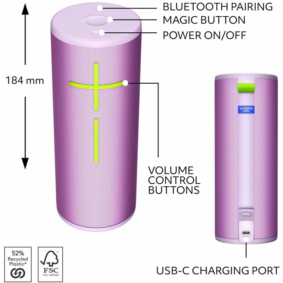 Ultimate Ears BOOM 4 Portable Waterproof Bluetooth Speaker With 360-Degree, Bold, Immersive, Crystal-Clear Sound, Floating Speaker With 15-Hour Battery and 147ft (45m) Range, Lilac 984-002009