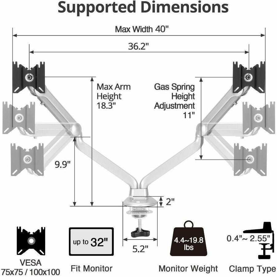 SIIG MTPRO Desk Mount Dual Gas Spring Monitor Arm - up to 32" Display - Max. Load 19.8 lbs - VESA 75 & 100mm CE-MT3X11-S1
