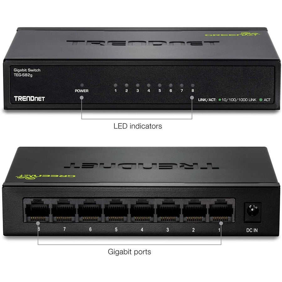 TRENDnet 8-Port Gigabit GREENnet Switch, Ethernet Network Switch, TEG-S82G, 8 x 10-100-1000 Mbps Gigabit Ethernet Ports, Ethernet Splitter, 16 Gbps, Metal, Lifetime Protection, Black TEG-S82g