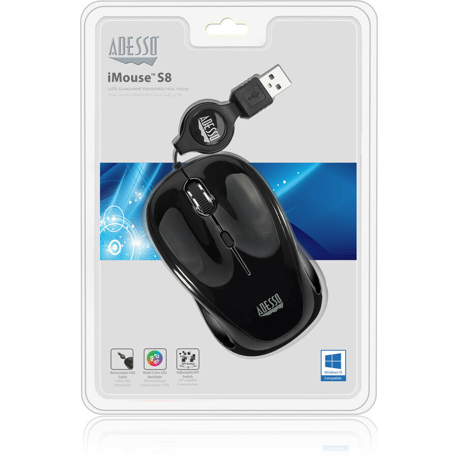 Adesso iMouse S8B - USB Illuminated Retractable Mini Mouse IMOUSE S8B